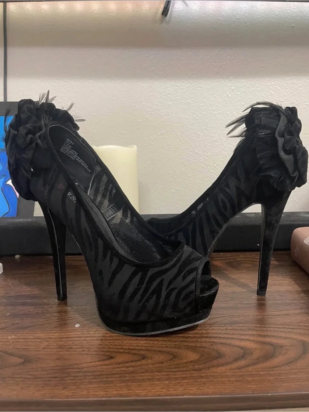 Black Peep-Toe High Heels with Floral Accent - Women's Dress Pumps